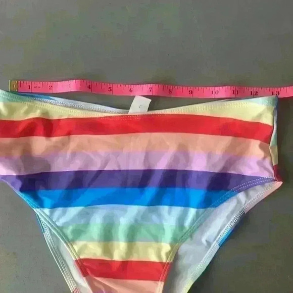 Multicolor Rainbow Striped Front Knot Two Piece High Waist Bikini Set Size S - Picture 11 of 13